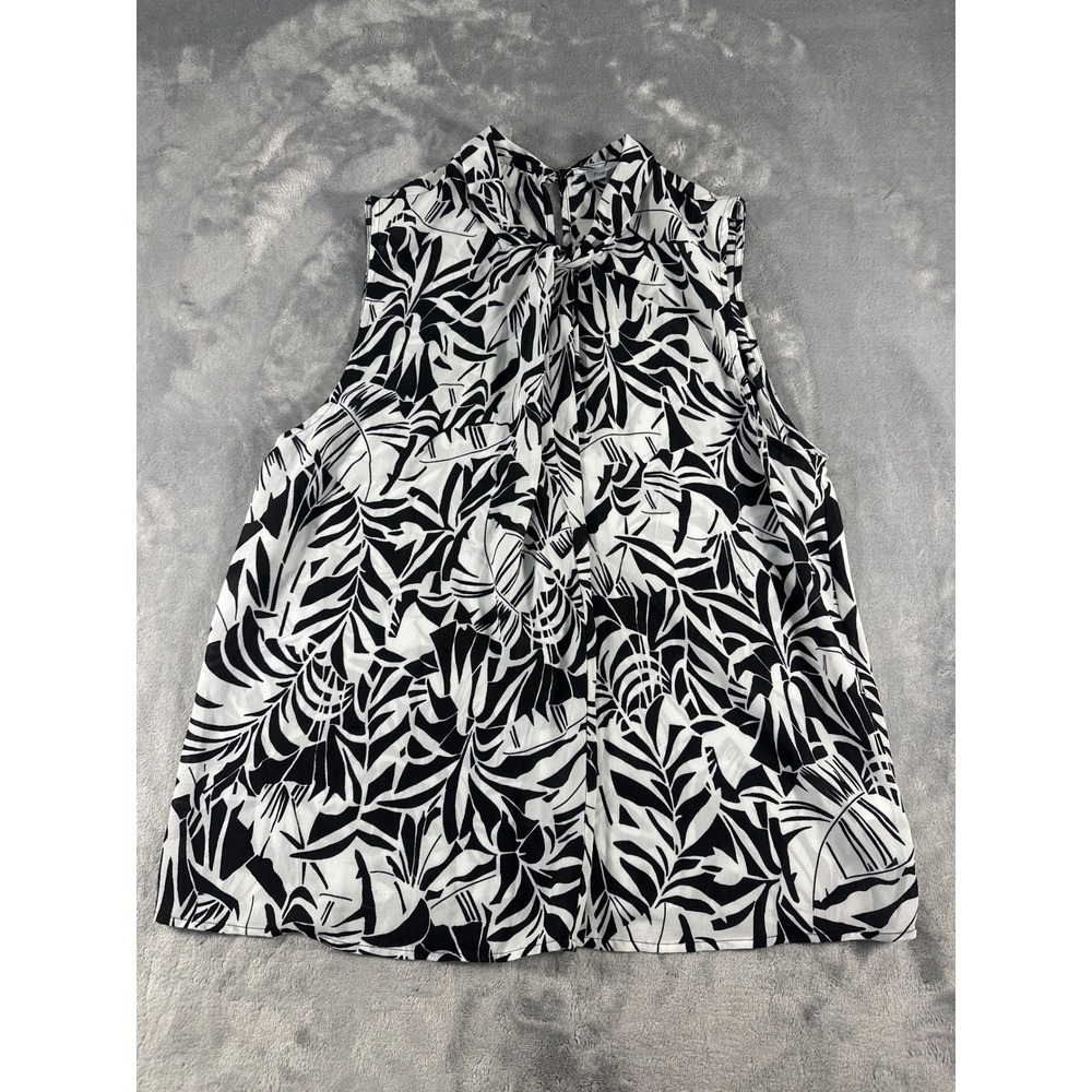 Floral & Ivy Womens Large Black White Tropical Palm Leaf Tie Neck Blouse Top